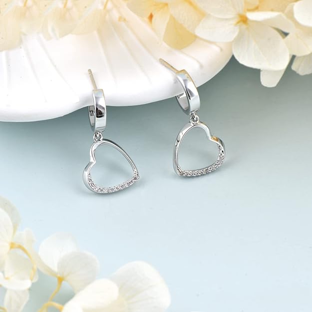 18K White Gold Plated Heart Earrings/Necklace for women Love Heart Drop Earrings/Necklace with 5A Cubic Zirconia, Hypoallergenic Jewelry Gift for Women