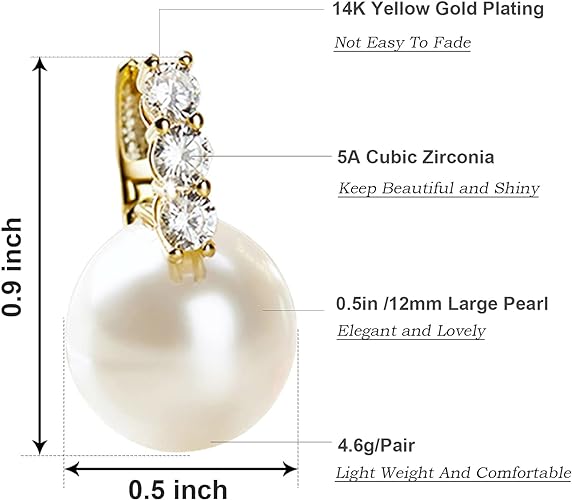 Kesaplan Pearl Earrings for Women Girls 14K Gold Plated Hypoallergenic Pearl Earrings 5A Cubic Zirconia Dangle Earrings Elegant Jewelry for Gifts