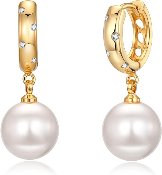 XYJZXY Elegant Simulated Pearl Hoop Earrings for Women Lightweight Faux Pearl Earrings Dangle Drop Earrings CZ Diamond Pearl Earrings Wedding Jewelry