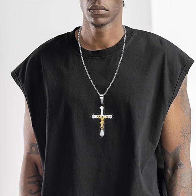 SILBAZ Cross Necklace Stainless Steel Crucifix Pendant Crucifix Necklace Religious Cross Jewelry Birthday Gift for Men Women