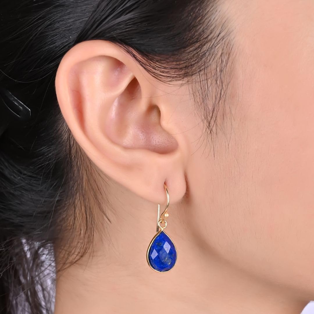 Gempires Handmade Teardrop Dangle Earrings Blue Lapis Lazuli Crystal Jewelry Hypoallergenic Gold Plated September Birthstone Earrings For Women