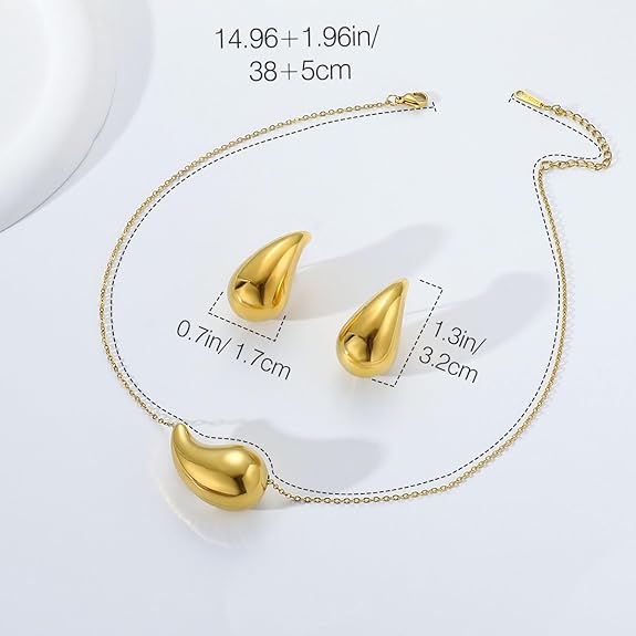 Chunky Drop Earrings Waterdrop Necklace Earrings Jewelry Set, Lightweight Teardrop Dainty Stud Earrings Pendant Necklace Jewelry Set for Women Girls