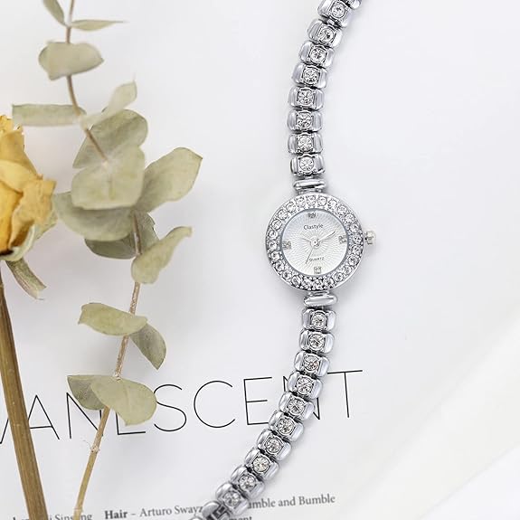 Clastyle Elegant Watch and Bracelet Set for Women Rhinestone ling Iced Out Wrist Watch Mother of Pearl Ladies Bracelet Watches