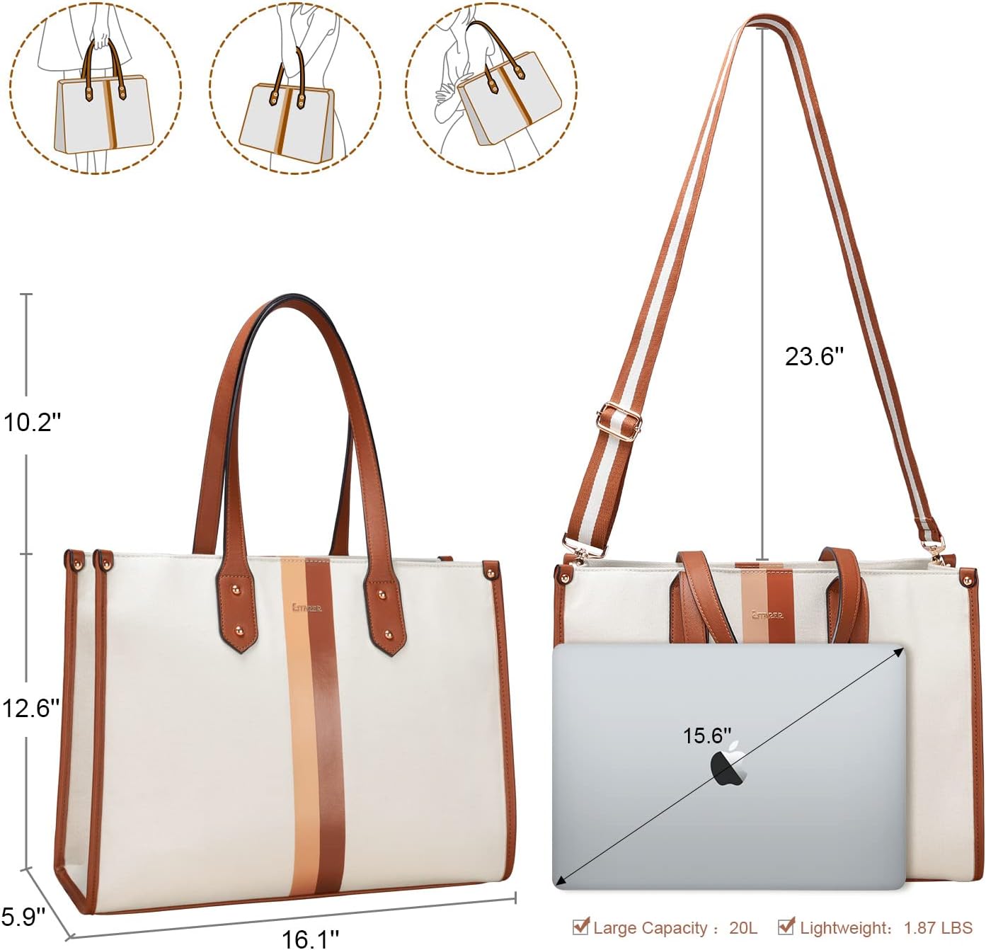 ESTARER Laptop Tote Bag 15.6 Inch, Women Laptop Bag Water-resistant Canvas Work Bag, Casual Shoulder Bag Handbag Briefcase Purse for Office/College/Travel