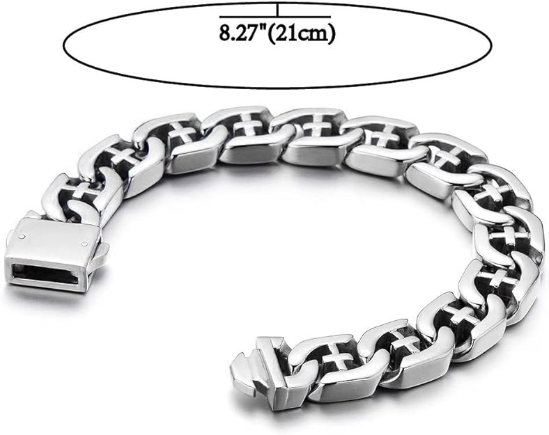 COOLSTEELANDBEYOND Men's Stainless Steel Curb Chain Bracelet with Cross Silver Color High Polished