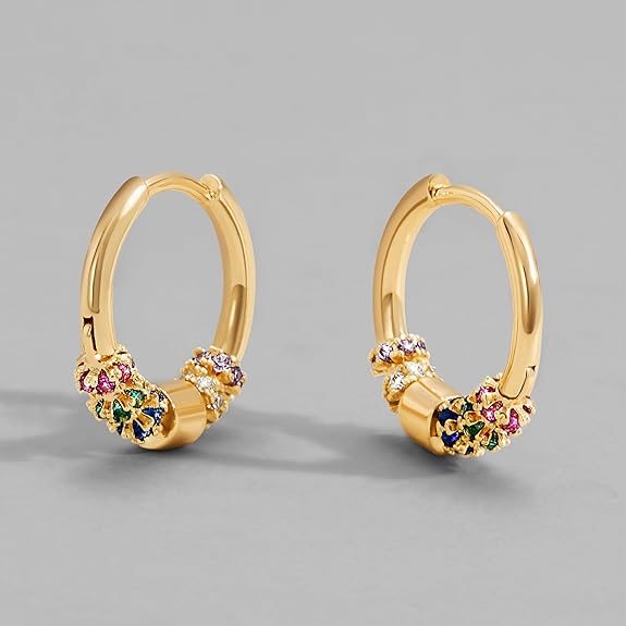 Dremmy Studios Dainty CZ Huggie Hoop Earrings 14K Gold Plated Chunky Simple Cute Thick Round Frill Bead Ball Starburst Cuff Earrings Cubic Zirconia Hoop Earrings Minimalist Personalized Gift for Her