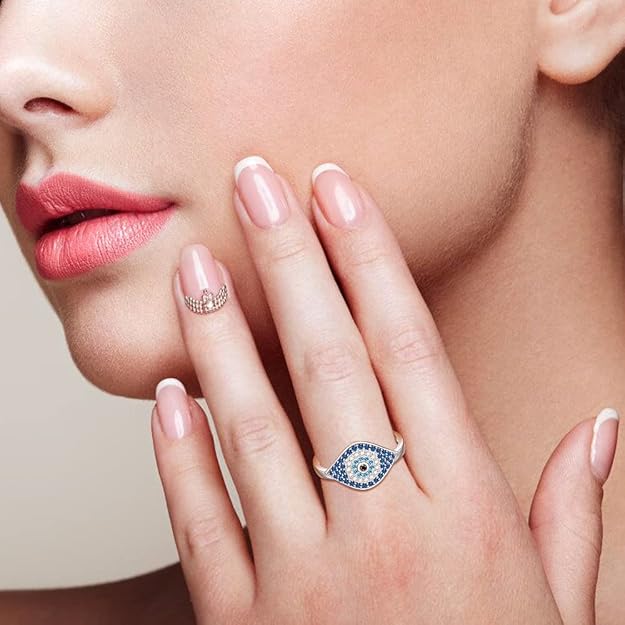 Evil Eye Ring Sterling Silver Sapphire Spiritual Turkish Blue Evil Eye Rings for Women Amulet Protection Ring Gift for Her Size 7