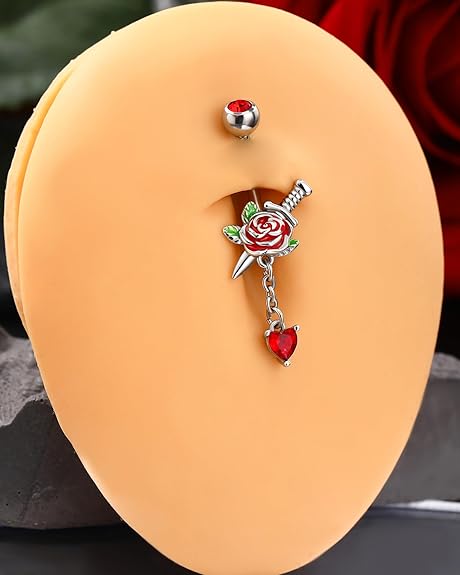 Jewseen 14g Halloween Belly Button Rings Surgical Stainless Steel Belly Rings Heart Floral Dangle Belly Button Piercing Navel Rings for Women Men