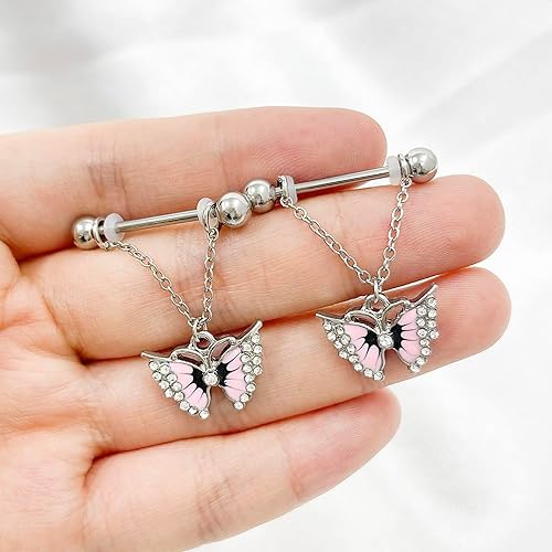 Niaspi 14G Pink Butterfly Dangle Nipple Rings for Women Girls Surgical Steel Cubic Zircon Chains Dangling Nipplerings Nipple Studs Piercing Barbell Body Piercing Jewelry