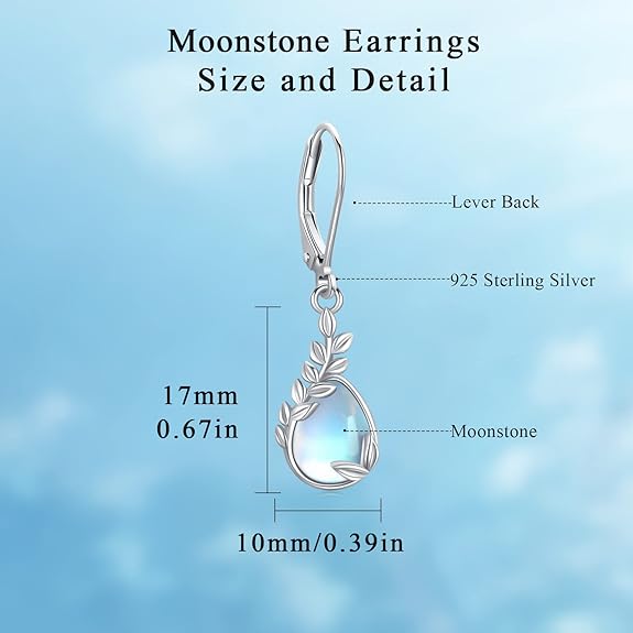 Leaf Earrings 925 Sterling Silver Leaf Dangle Earrings Moonstone Drop Earrings Leaves Leverback Earrings Leaf Jewelry Gift for Women Girls