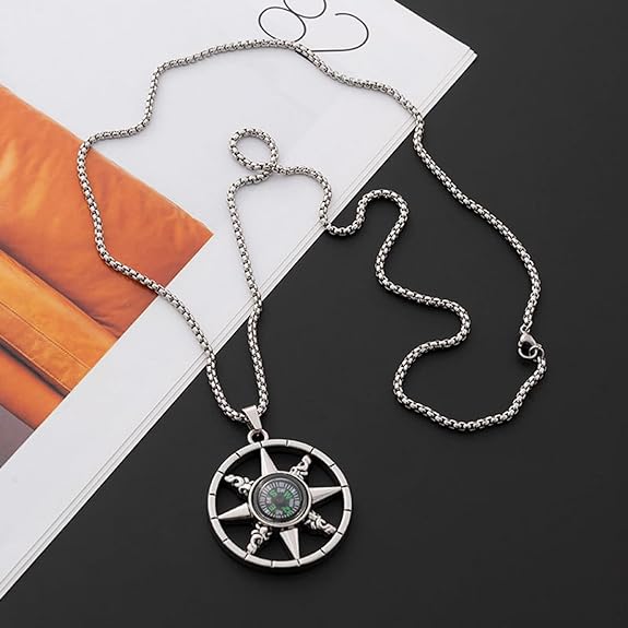 Jemant Compass Necklace For Men Silver Stainless Steel Chain Viking Goth Vintage Engraved Pattern Round Compass Pendant Necklace Non Tarnish Waterproof Jewelry For Navy Sailors