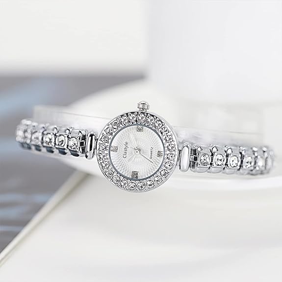 Clastyle Elegant Watch and Bracelet Set for Women Rhinestone ling Iced Out Wrist Watch Mother of Pearl Ladies Bracelet Watches