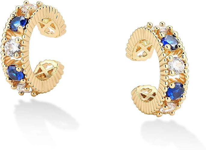 Dainty Hoop Ear Cuff 14K Gold Plated Cross Stripe Open Wrap Hoop Cubic Zirconia Huggie Clip-on Cartilage Earrings Stud for Women