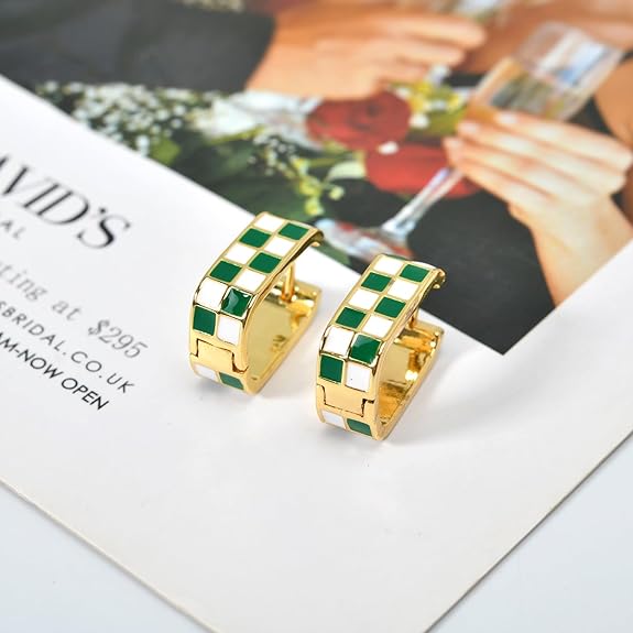 Dainty Checkered Oval Hoop Earrings,18K Gold Filled Enamel Oval Hoop Earrings,For Women Checker Chunky Oval Hoop Earrings,Hypoallergenic Earrings