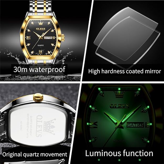 OLEVS Square Watches for Men Diamond Analog Quartz Stainless Steel Big Face Business Luxury Dress Mens Wrist Watch with Date Waterproof Luminous