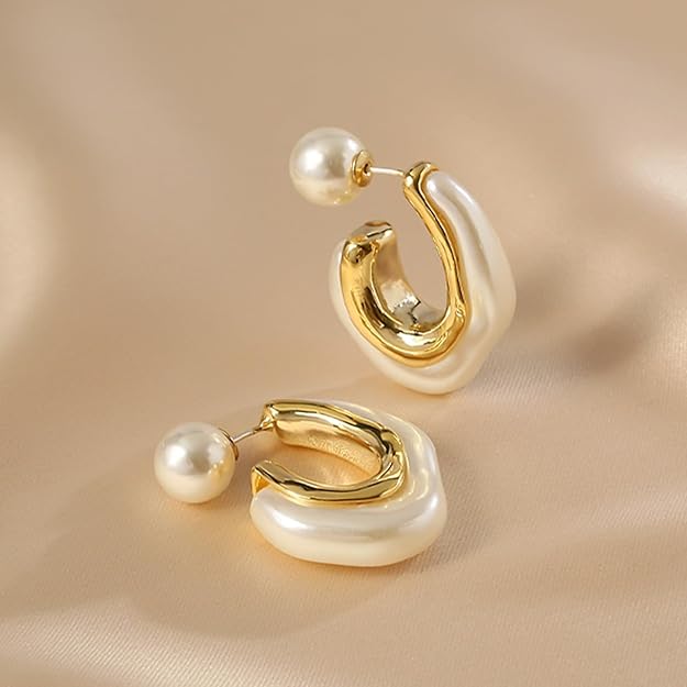 HETICA Chunky Gold Hoop Earrings, 14k Gold Plated Pearl Hoop Earrings for Women, Pearl Drop Earrings, Pearl Statement Earrings, Chunky Hoop Earrings, Suitable Gifts for Women
