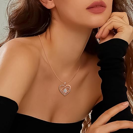 Heart Pendant Necklace for Women,S925 Sterling Silver, Cubic Zirconia Double Heart Necklace Chain for Women Birthday Mother's Day Jewelry Gifts