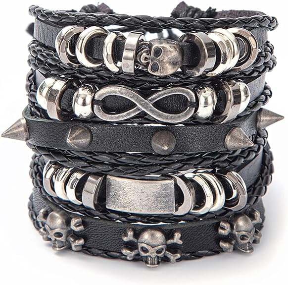 Vinatge Gothic Punk Skull Star Metal Multilayer Leather Bracelet Men Bracelets & Bangles Male Arm Jewelry