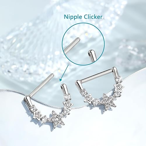Melighting 14G Star Nipple Rings Steel 316L Nipple Piercing Jewelry Clear CZ Nipple Bars Clicker Nipple Barbell For Women Men 14mm