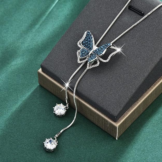 Sither Butterfly Pendant Necklace for Women Long Sweater Chain Crystal Tassel Necklace Wedding Dressy Necklace Jewelry for Winter Evening Party Christmas Gift