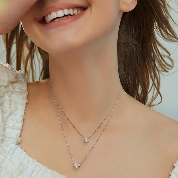 Layered Necklace for Women Sterling Silver Heart Necklace with CZ Stacked Cute Love Choker Pendant Necklace Tiny Chain Jewelry Gifts for Daughter Wife Mom Girlfriend Anniversary