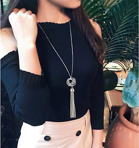Long Tassel Necklace Silver Tone Lovely Knot Tassel Pendant Knot Snake Chain for Women