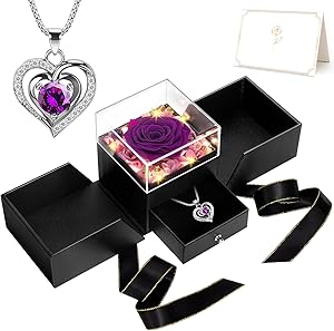 Birthday Flower Gifts for Women Wife Girlfriend, Preserved Real Rose with Necklace for Wife, Eternal Rose Jewelry Box with LED Light, Anniversary for Her, Christmas Gifts for Mom Grandma(Purple)