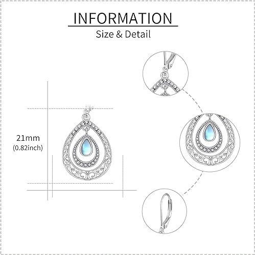 Moonstone Earrings 925 Sterling Silver Filigree Leverback Dangle Drop Bohemian Moonstone Jewelry Gift for Women Girls
