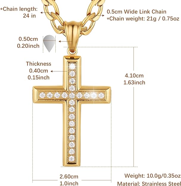 HZMAN 24K Gold-Plated Solid CZ Cross Necklace for Men Women Stainless Steel Religion Jewelry with 24 Inch Figaro Chain