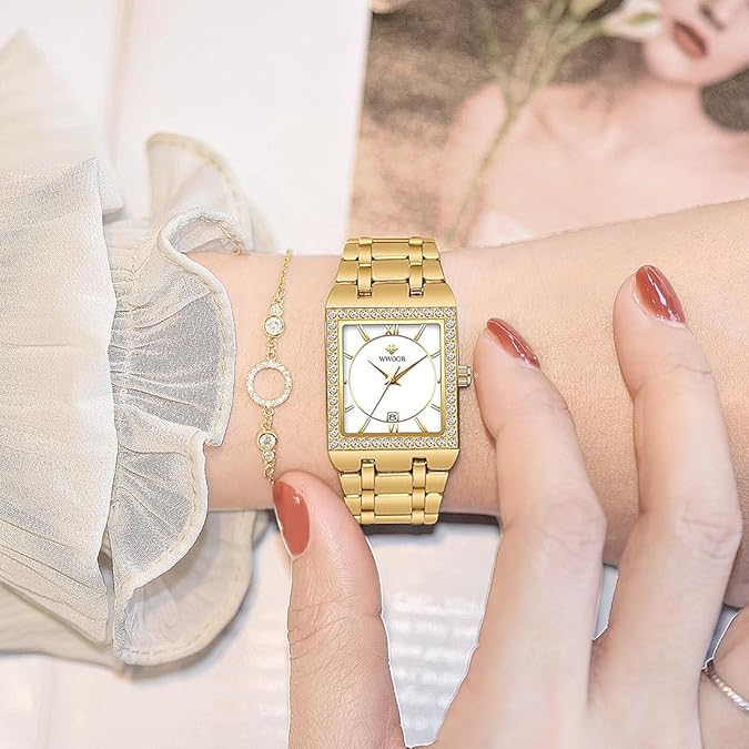 WWOOR Womens Watches Luxury Small Stainless Steel Dainty Square Watches for Women with Date Waterproof Ladies Watches Elegant Dress Quartz Women's Wrist Watches Reloj para Mujer