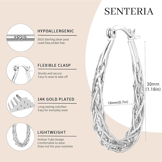 Senteria Sterling Silver Hoop Earrings for Women Silver Oval Hoop Earrings Hypoallergenic Medium Silver Hoops Earrings Lightweight Thick Twist Silver Hoop Earrings
