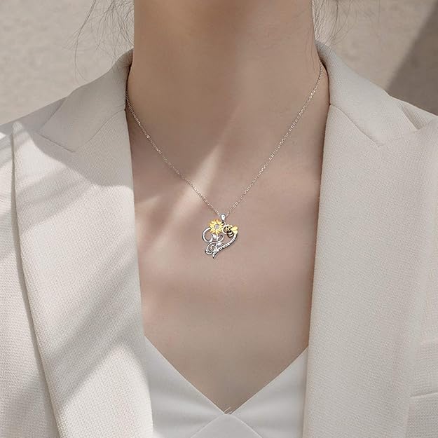 LUHE Bee Necklace 925 Sterling Silver Honeycomb Cute Flower Pendant Necklaces for Women Gifts for Her Women
