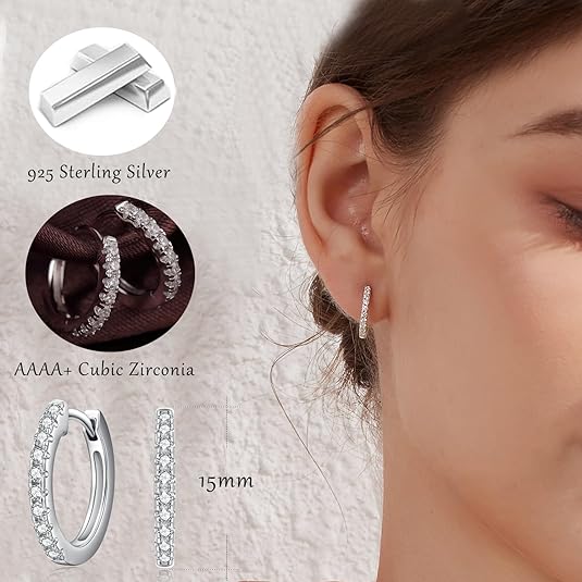 Jiamiaoi Small Hoop Earrings for Men Women 925 Sterling Silver Hoop Earrings Hypoallergenic Round CZ Diamond Hoop Earrings 15mm-20mm Cubic Zirconia Silver Huggie Hoop Earrings Circle