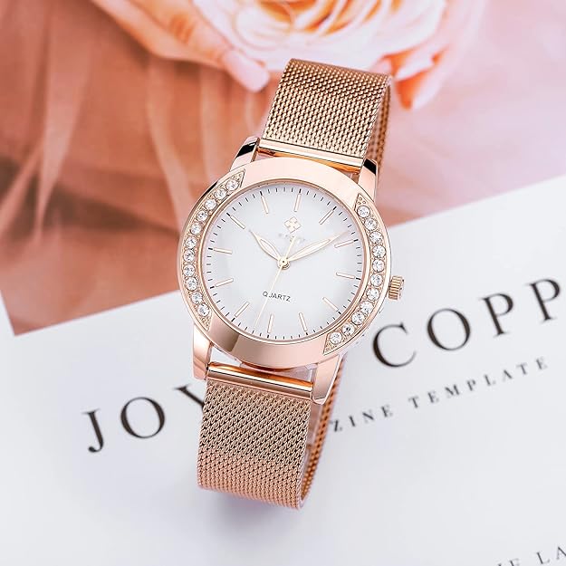 SENRUD Fashion Watches for Women Rose Gold Stainless Steel Mesh Band Watch Elegant Ladies Gifts Waterproof Wrist Watch
