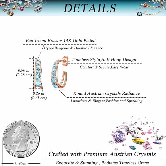 Stunning Austrian Crystal Open Half Hoop Earrings for Women 14K Gold Plated Hypoallergenic Fashion Jewelry