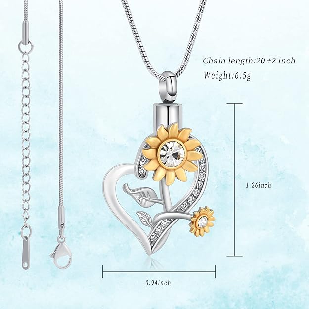 Heart Urn Necklace for Ashes Sunflower Cremation Jewelry for Women Stainless Steel Memorial Necklaces Ash Holder for Human Pets Keepsake Jewelry for Loved Ones with Fill Tool