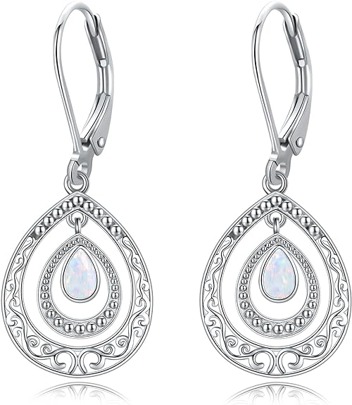 Opal Earrings 925 Sterling Silver Filigree Leverback Dangle Drop Bohemian Opal Jewelry Gifts for Women Girls