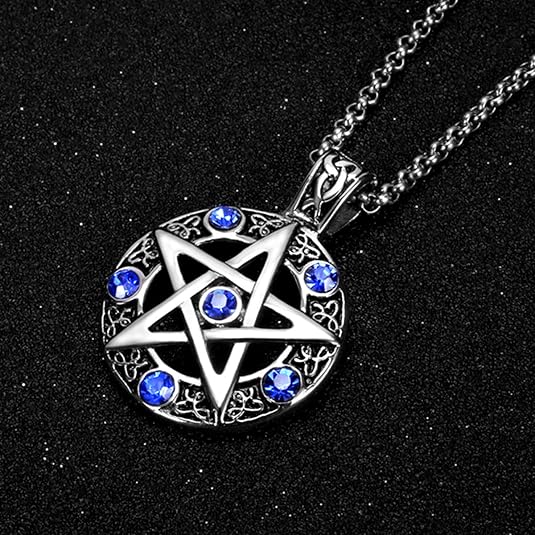Leprato Stainless Steel Pentagram Pendant Necklace High Polished Blue Crystal Pentacle Charm Amulet Pendant Necklace for Men