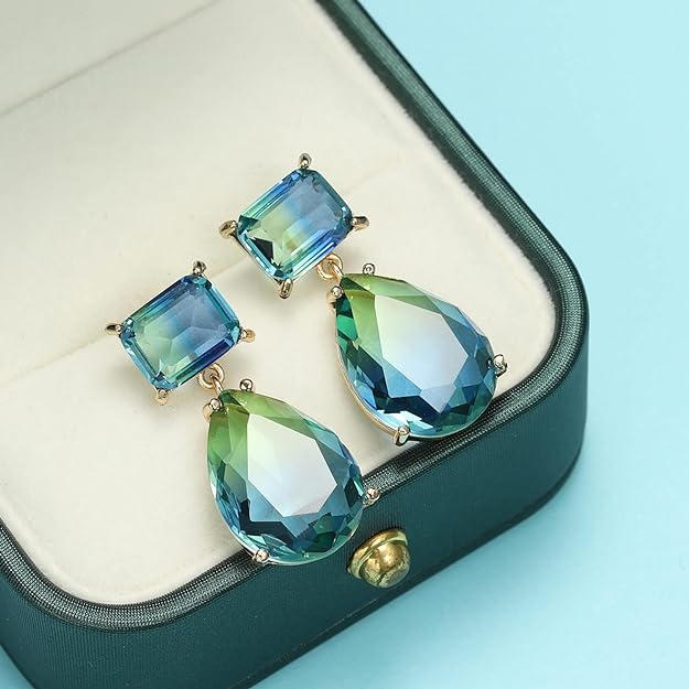 Crystal Earrings CXUEMH Teardrop Earrings for Women Blue and Green Dangle Earrings Elegant Earrings for Prom Emerald Green Earrings Formal Jewelry Crystal Drop Earrings