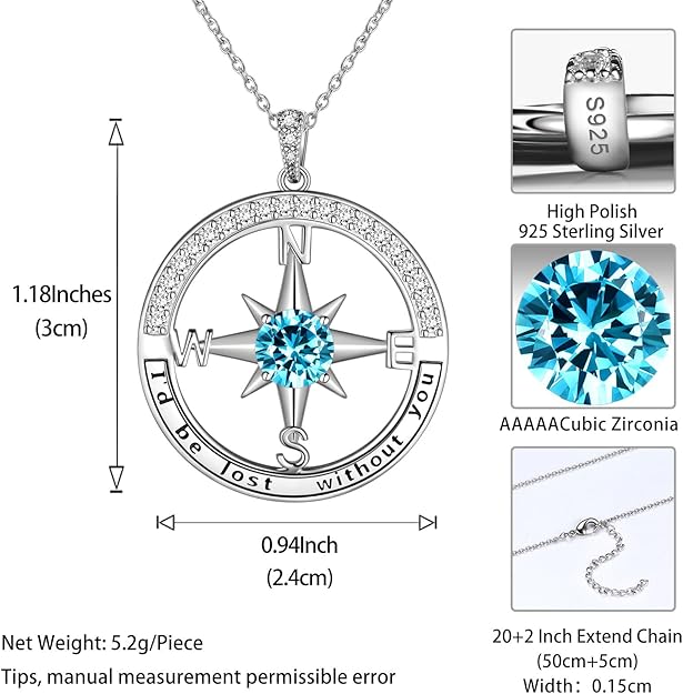 Jewmon 925 Sterling Silver Compass Necklace for Women Graduation Gifts for Her Birthstone Neckalce Charm Compass Birthstone Jewelry Anniversary Birthday Gifts for Daughter Friends Sisters Gifts