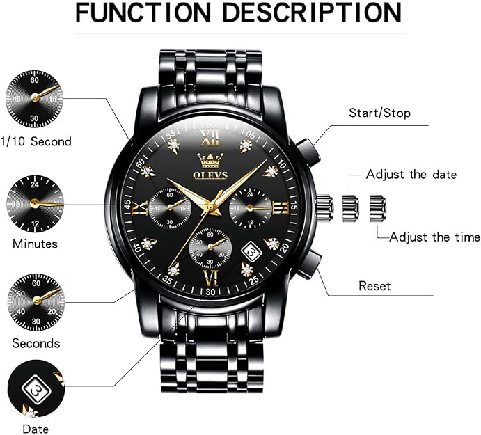 OLEVS Mens Watches Luxury Business Stainless Steel Chronograph Moon Phase Waterproof Date Analog Quartz Dress Watches for Men's ,Black/Dial