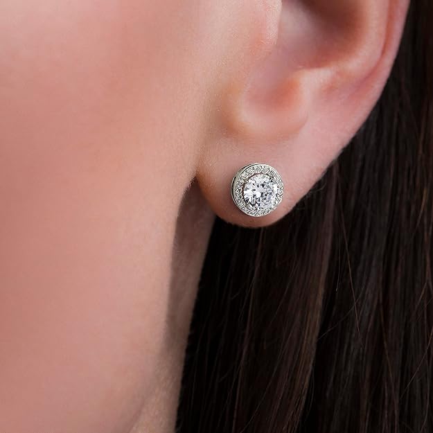 Lesa Michele 925 Sterling Silver Cushion & Round Shaped Cubic Zirconia Halo Stud Earrings for Women 2 Pair Earring Set