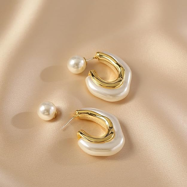 HETICA Chunky Gold Hoop Earrings, 14k Gold Plated Pearl Hoop Earrings for Women, Pearl Drop Earrings, Pearl Statement Earrings, Chunky Hoop Earrings, Suitable Gifts for Women