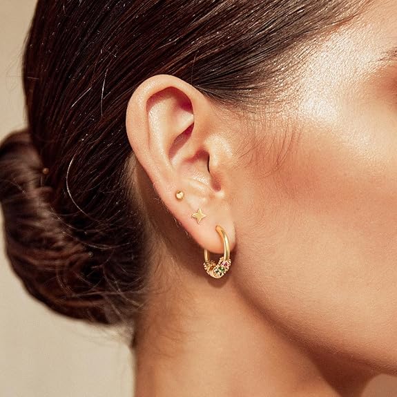 Dremmy Studios Dainty CZ Huggie Hoop Earrings 14K Gold Plated Chunky Simple Cute Thick Round Frill Bead Ball Starburst Cuff Earrings Cubic Zirconia Hoop Earrings Minimalist Personalized Gift for Her