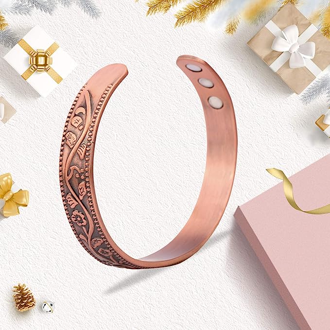 Pure Copper Magnetic Bracelet Arthritis Pain Therapy Energy Cuff Flower
