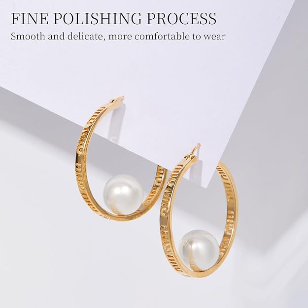 Pearl Hoop Earrings for Women - Large Gold Hoops Circle Pearl Hoop Earrings Trendy Hypoallergenic 14k Gold 925 Sterling Silver Posts Earrings | Elegant Wedding Party Jewelry