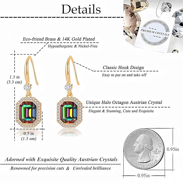 Austrian Crystal Halo Octagon Drop Dangle Earrings for Women 14K Rose Gold Plated Hypoallergenic Jewelry Gifts for Women Girls