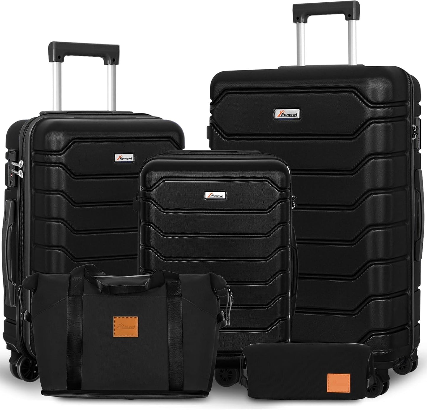 Romswi 5PCS Luggage Sets,Lightweight PC+ABS Hardshell Luggage with Spinner Wheels TSA Lock, Durable Suitcase Sets with Duffel Bag Travel Bag Black (20/24/28inch)