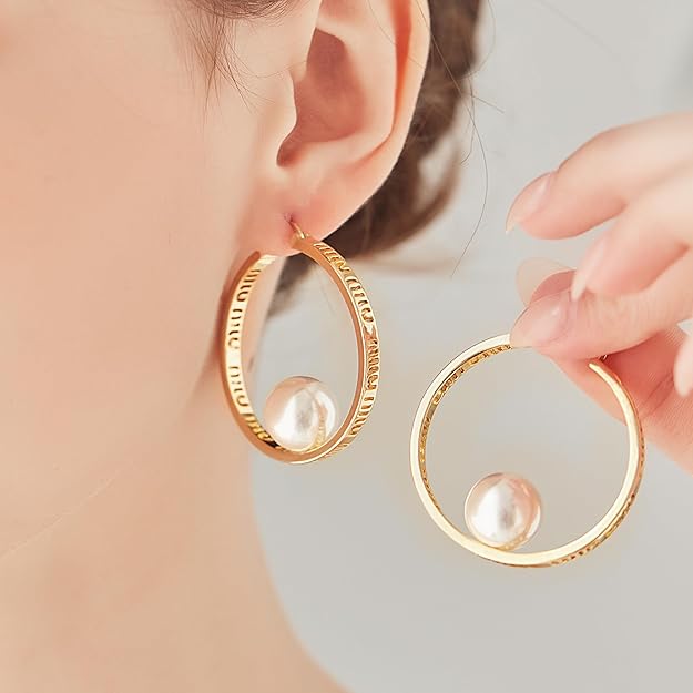 Pearl Hoop Earrings for Women - Large Gold Hoops Circle Pearl Hoop Earrings Trendy Hypoallergenic 14k Gold 925 Sterling Silver Posts Earrings | Elegant Wedding Party Jewelry