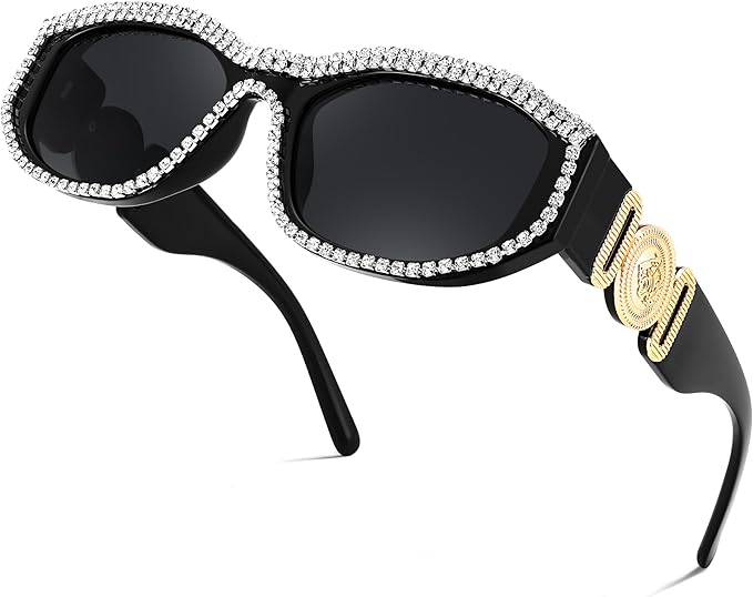 FEISEDY Rectangle Rhinestone Sunglasses for Women Men Bling Jeweled Retro Square Sunglasses 90s Vintage Shades B0091